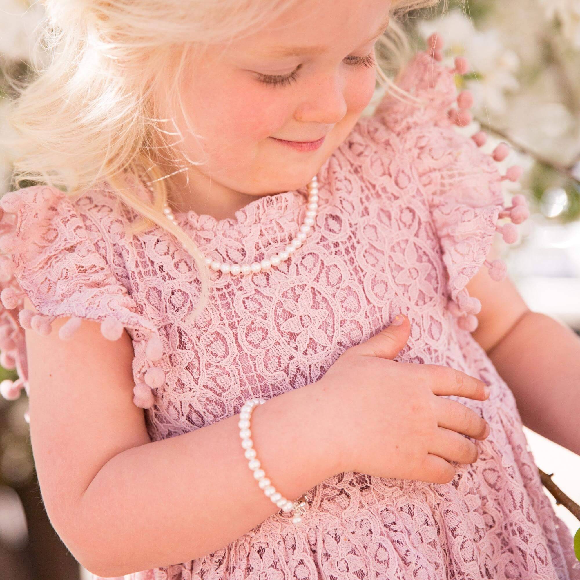 PearLeam Children's Baby Aurora Light Tample Akoya Pearl Necklace Bracelet Ring Set