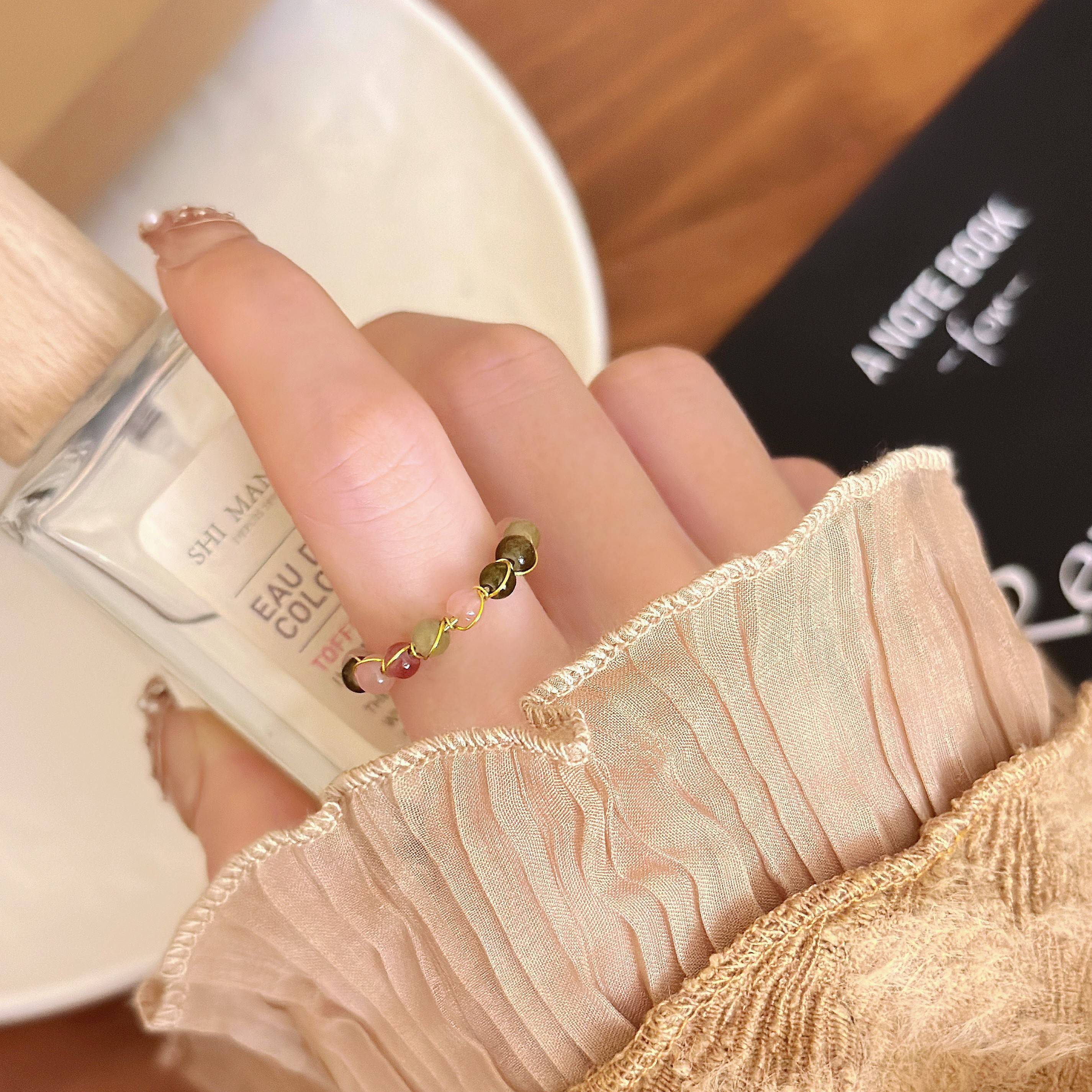 Retro natural stone tourmaline opening ring female light luxury niche design high -level induction ring unique retro rings