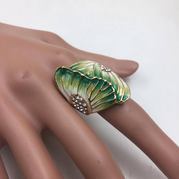 Orphan Vintage Gold Diamond Green Enamel Abstract Cabbage Leaf (Bai Cai) antique ring