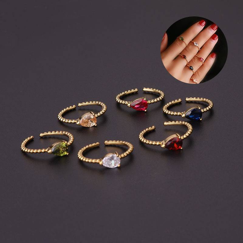 Color water drops vermiculite ring European and American hand accessories adjustable simple wave bead opening ring fingerprint fashion jewelry