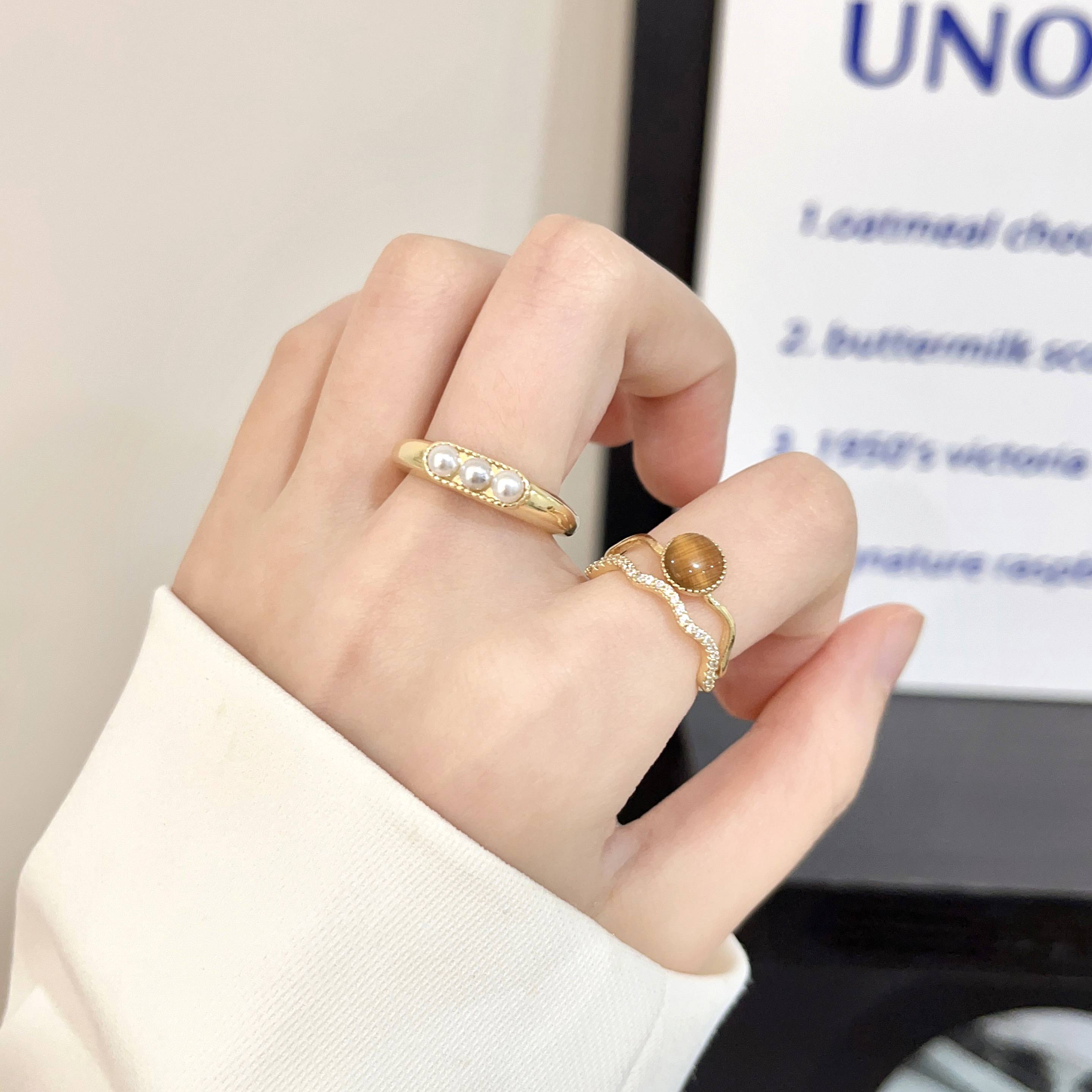 French retro cat's eye stone ring female fashion personality personality vermiculite double -layer niche design opening ring 2024 new model