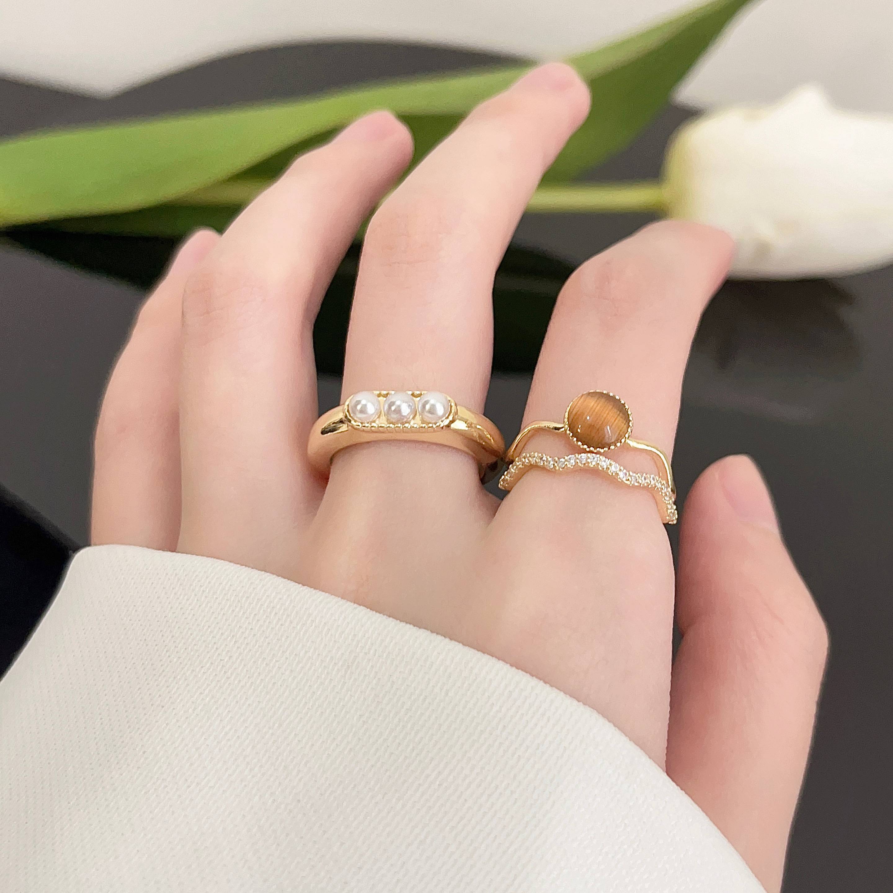 French retro cat's eye stone ring female fashion personality personality vermiculite double -layer niche design opening ring 2024 new model