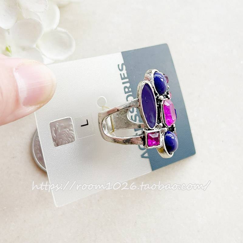 Original single European and American purple transparent resin gemstone irregular inlaid retro silver rings