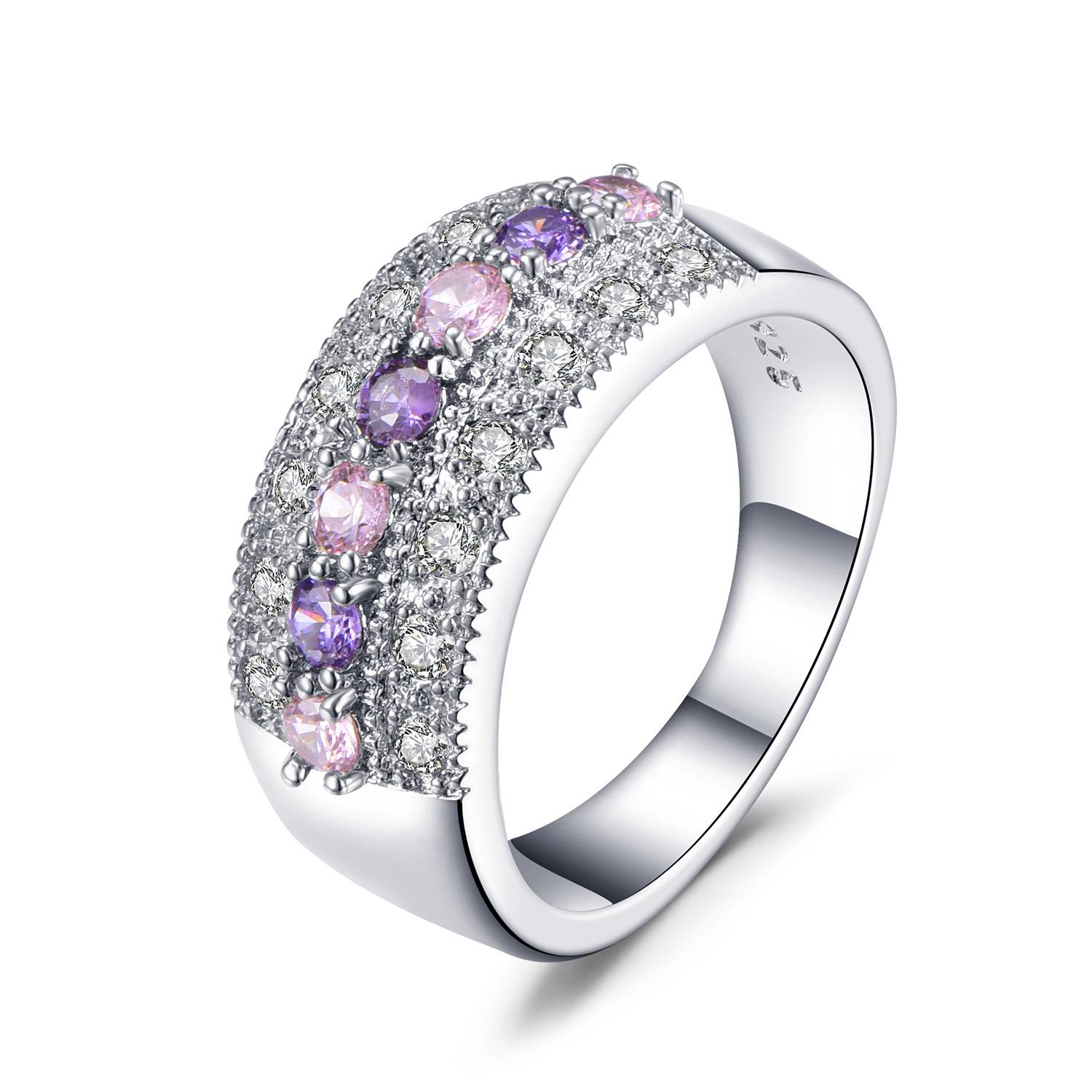 Youngwish hot selling European and American inlaid pink vermiculite rings Cross -border supply of cross -border supply micro -diamonds full of purple crystal ring