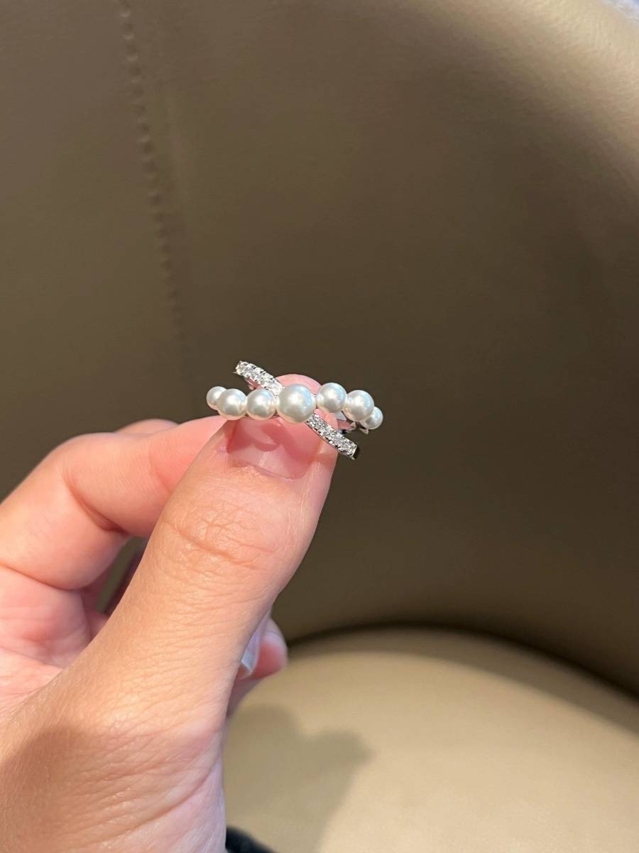 24 new S925 sterling silver -style cross -pearl rings Female flash drill stitching irregular niche high -level sense