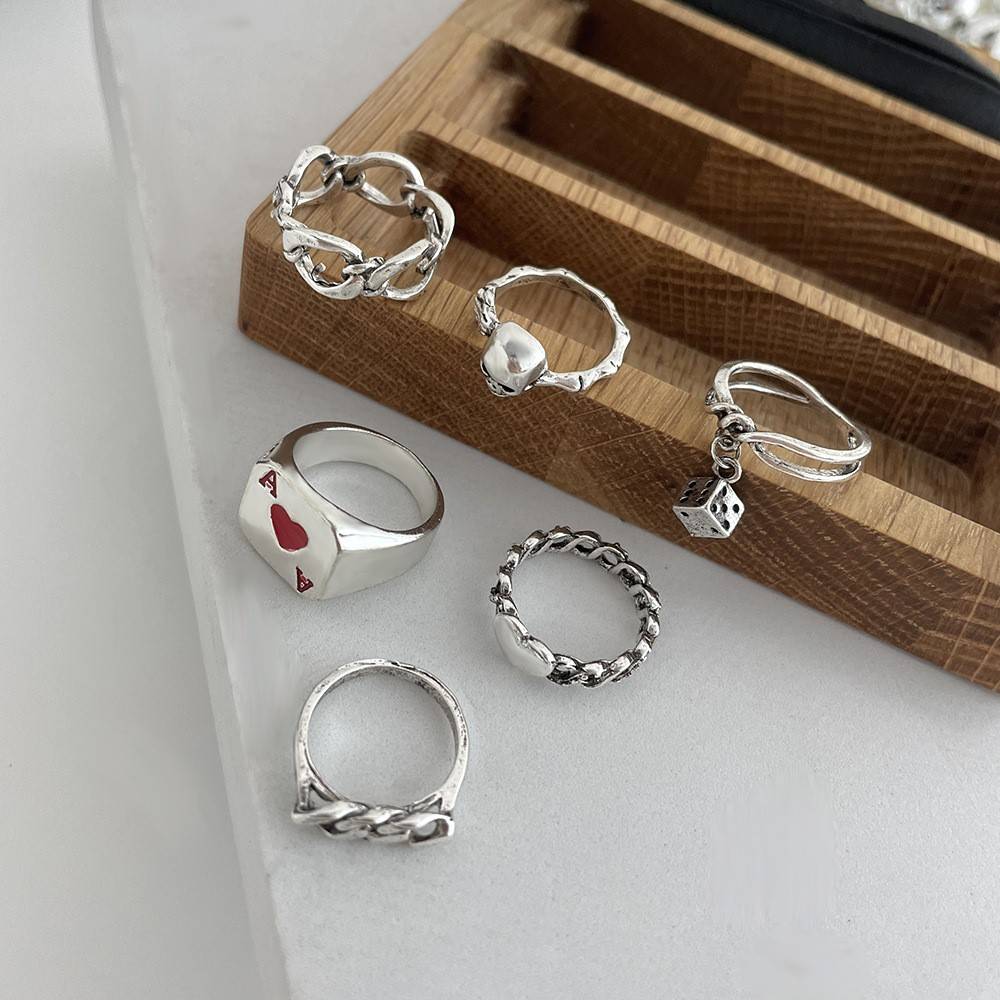 Jewelry Gothic Creative Dice Ring Set Poker Chain Love Skull 6 -piece Ring