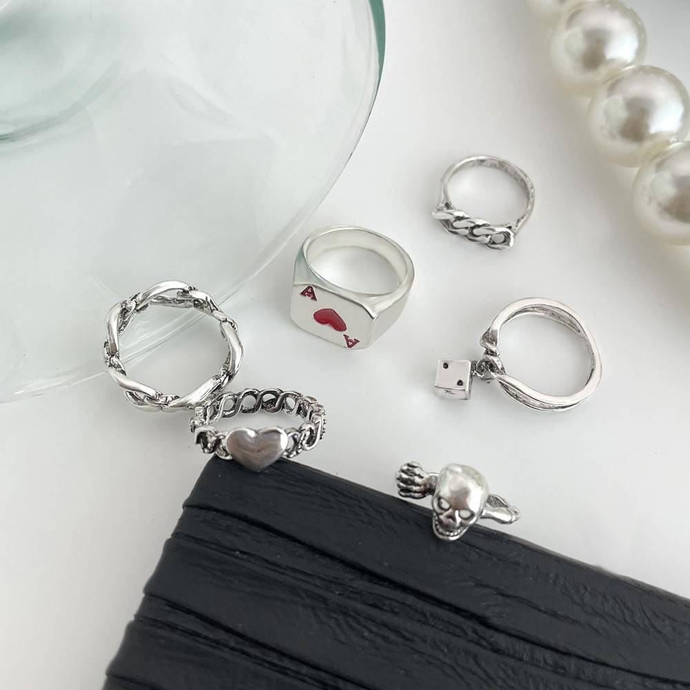 Jewelry Gothic Creative Dice Ring Set Poker Chain Love Skull 6 -piece Ring