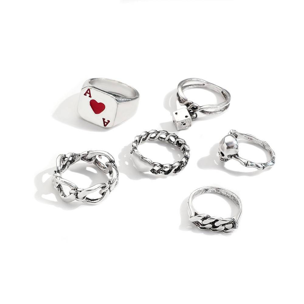 Jewelry Gothic Creative Dice Ring Set Poker Chain Love Skull 6 -piece Ring