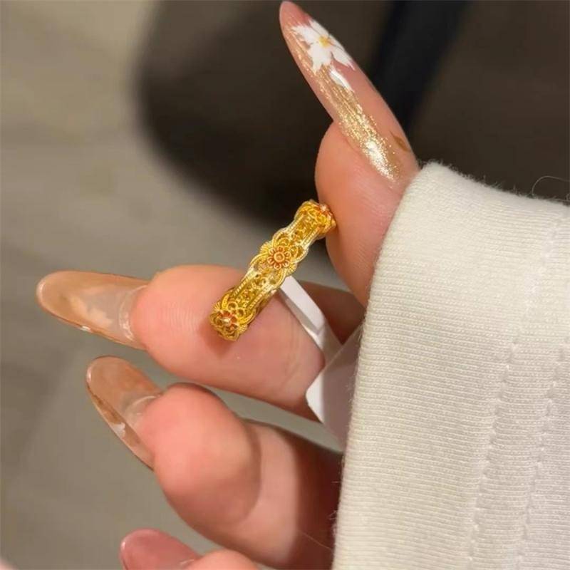 2024 The same ancient law gold enamel small flower opening ring niche design national style nationwide ring can be adjusted