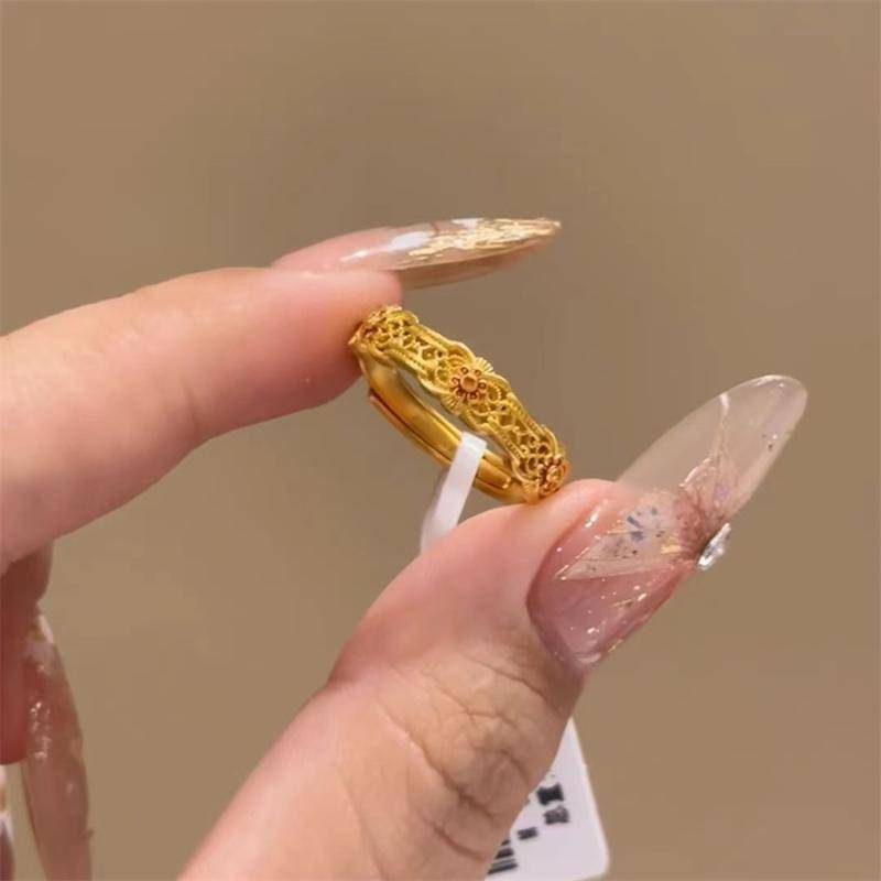 2024 The same ancient law gold enamel small flower opening ring niche design national style nationwide ring can be adjusted