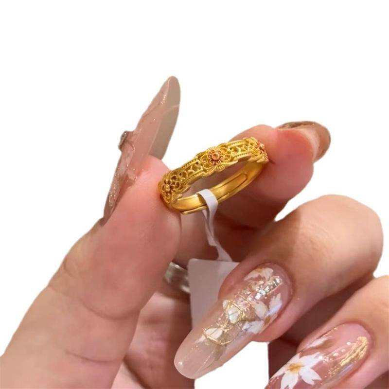 2024 The same ancient law gold enamel small flower opening ring niche design national style nationwide ring can be adjusted