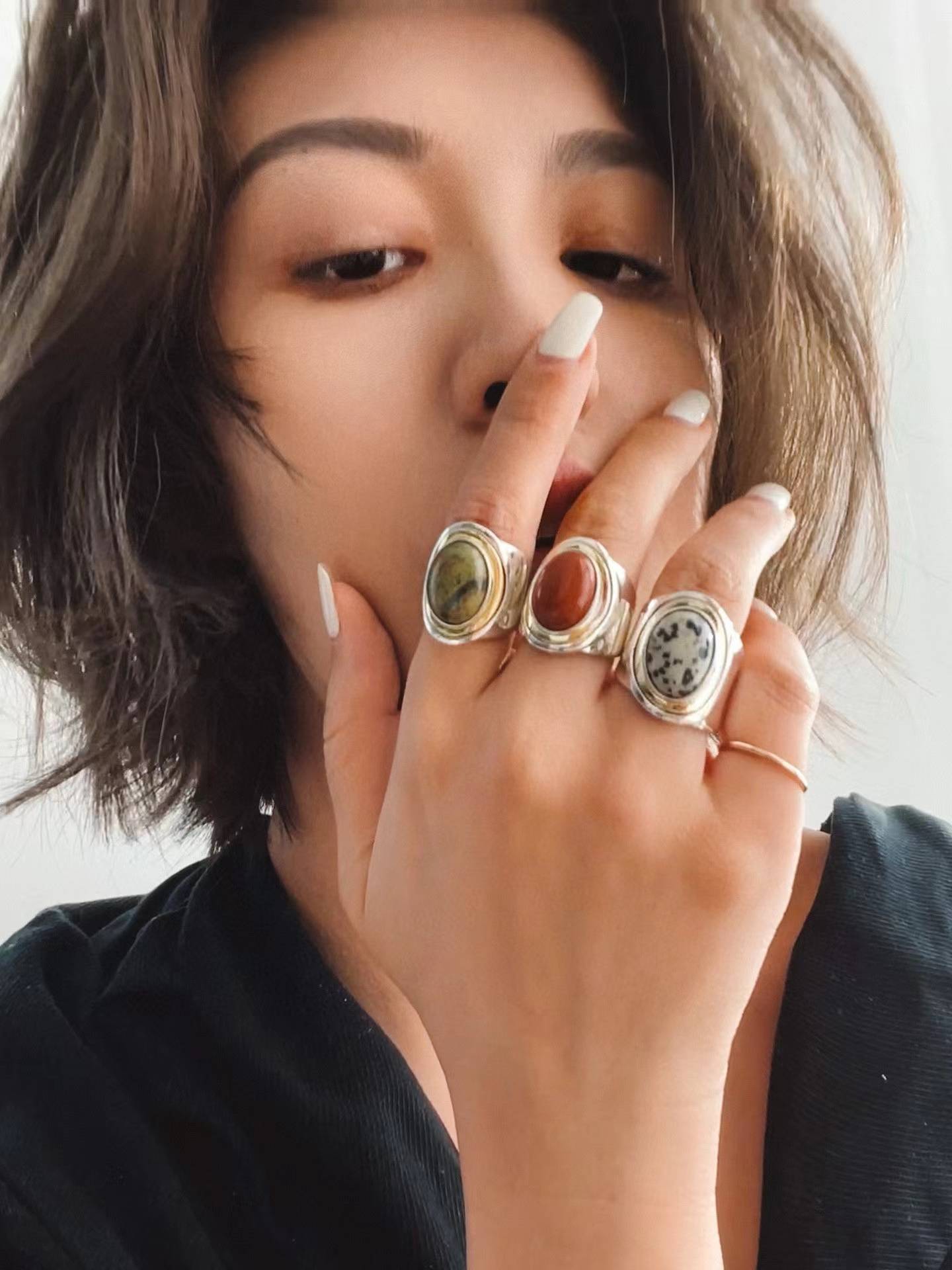 Natural pine silver rings