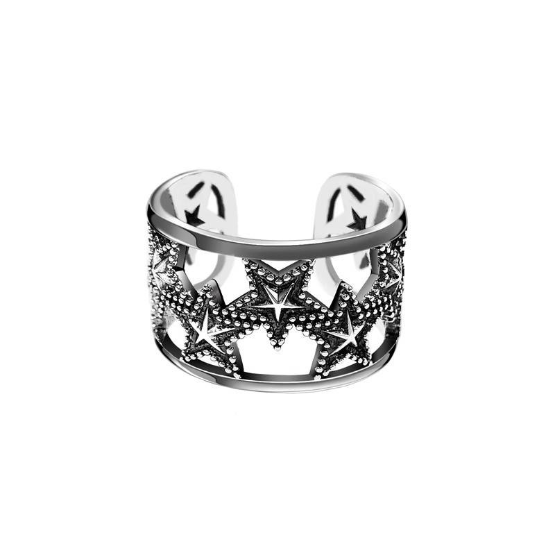Student gift retro hollow star ring carved flowers, Sun Moon Star European and American Thai silver carved flowers