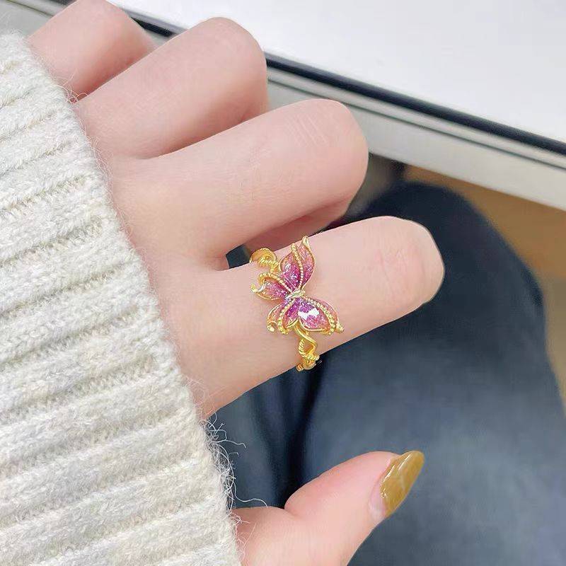 Vietnam Sand Gold Colorful Butterfly Twist Halfee Ring Niche Light Luxury Retro Palace Temperature Advanced Sensing Circle