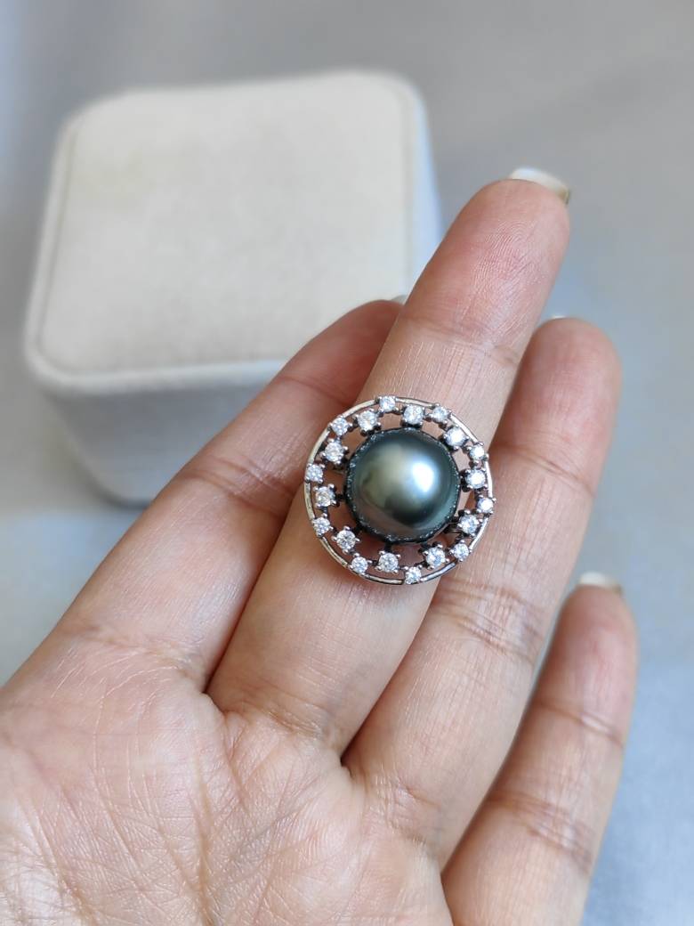 12.3mm Sea Water Daxi Black Pearl 925 Silver thick Milky Way Flower ring platinum gray