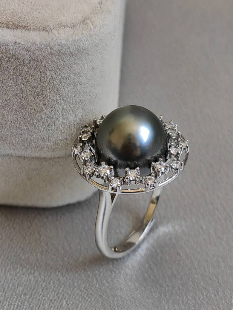 12.3mm Sea Water Daxi Black Pearl 925 Silver thick Milky Way Flower ring platinum gray