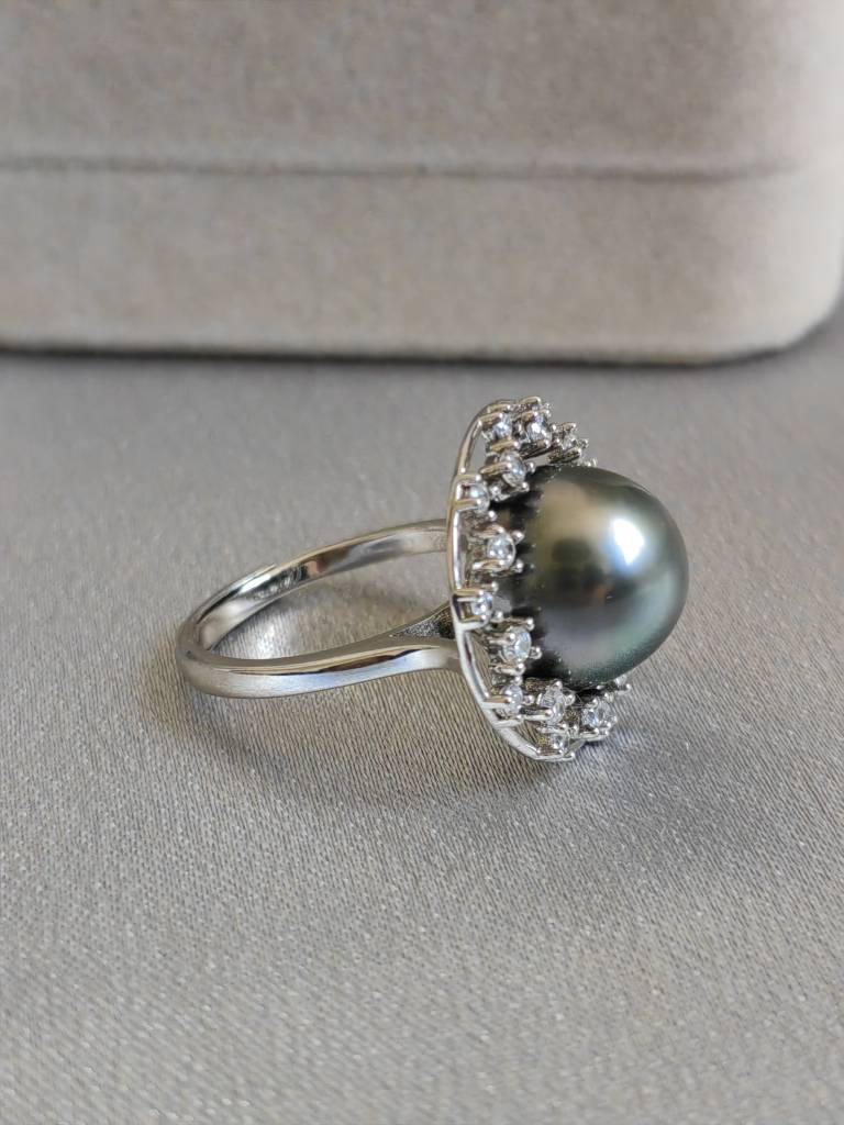 12.3mm Sea Water Daxi Black Pearl 925 Silver thick Milky Way Flower ring platinum gray