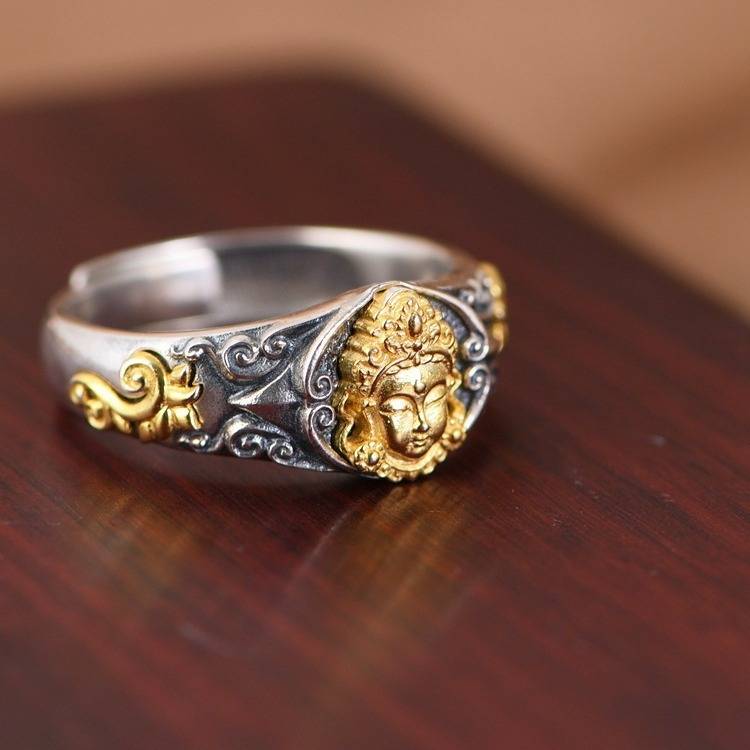 S925 Silver Vintage Fan Dian Du Mother's Gold Ring National Wind is an old craft opening can be adjusted