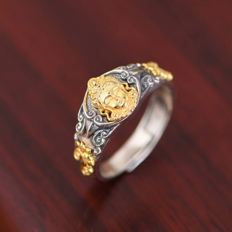 S925 Silver Vintage Fan Dian Du Mother's Gold Ring National Wind is an old craft opening can be adjusted
