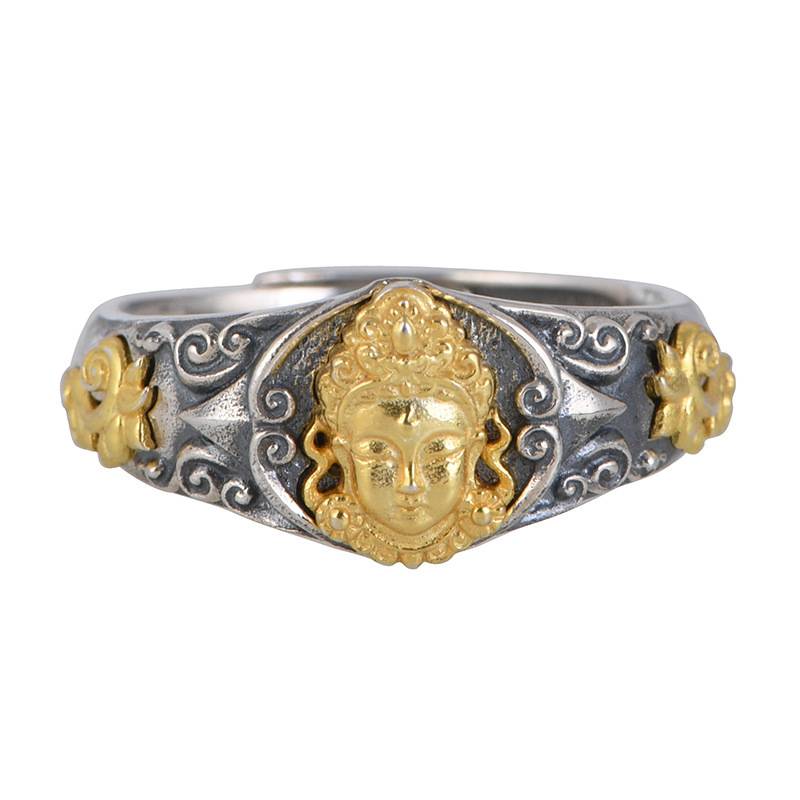 S925 Silver Vintage Fan Dian Du Mother's Gold Ring National Wind is an old craft opening can be adjusted