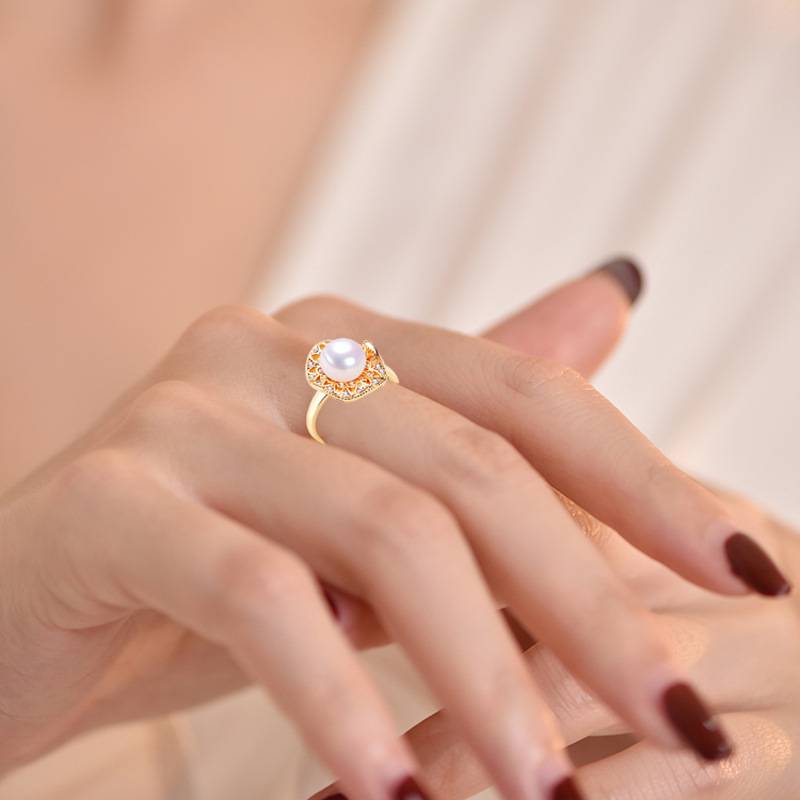 S925 sterling silver gift Zhuji natural freshwater pearl ring 18K package gold ring nap source