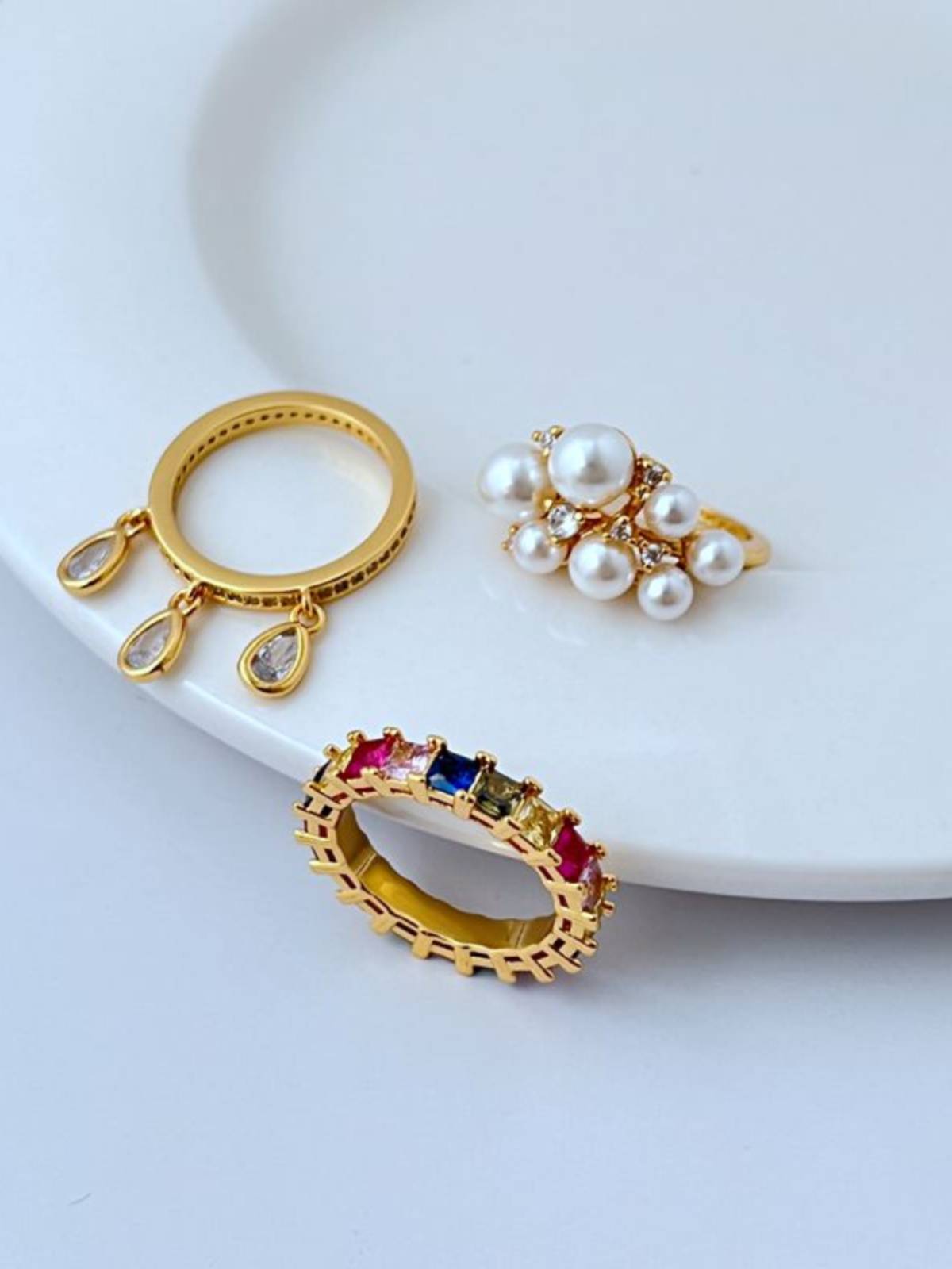 New fashion light luxury, small luxury niche design ins, pearl vermiculite inlaid three -piece rings ring ring ring
