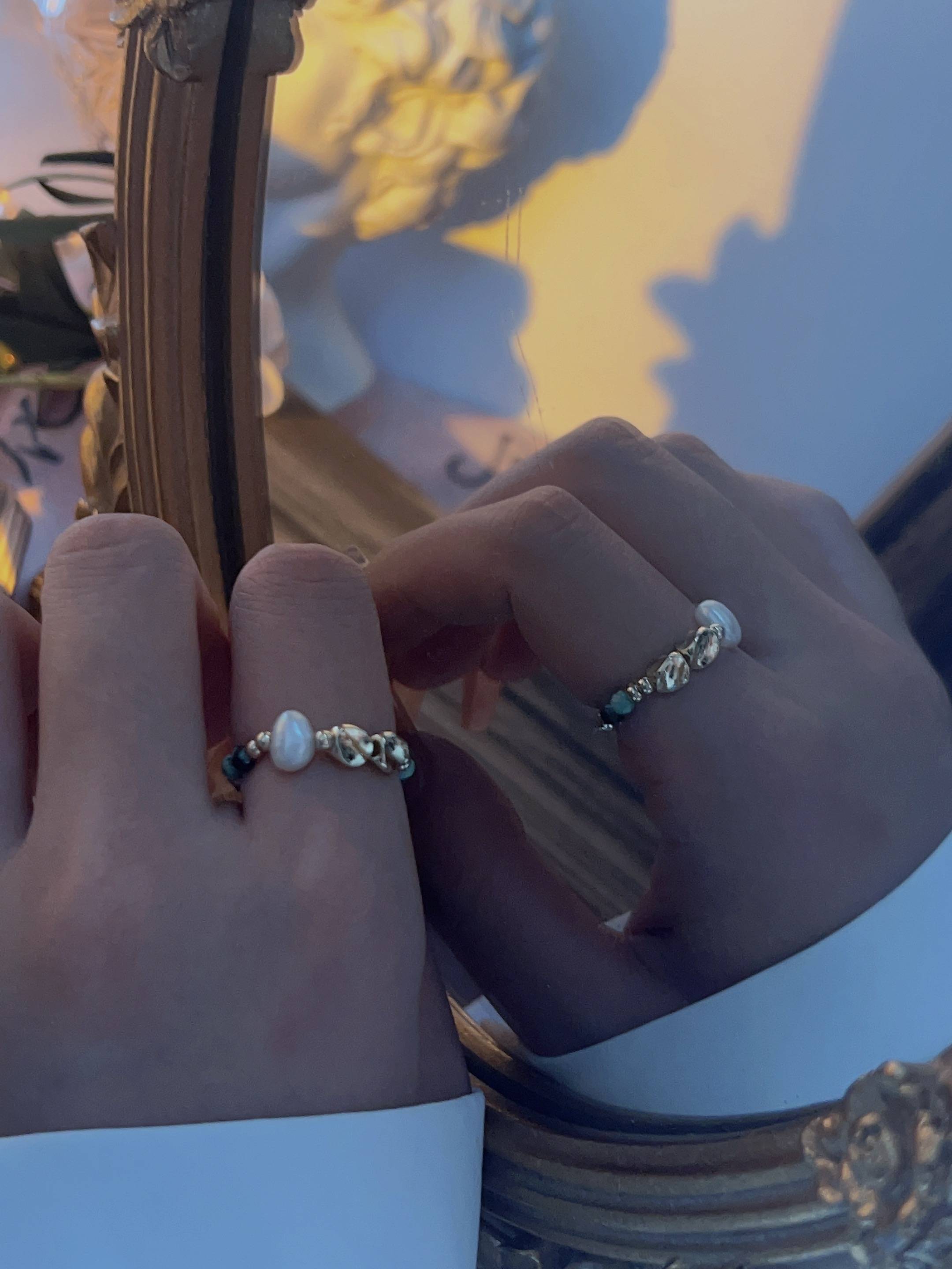 "Before the boat green water" literary retro unique green pine finger ring freshwater pearl new Chinese ring simple