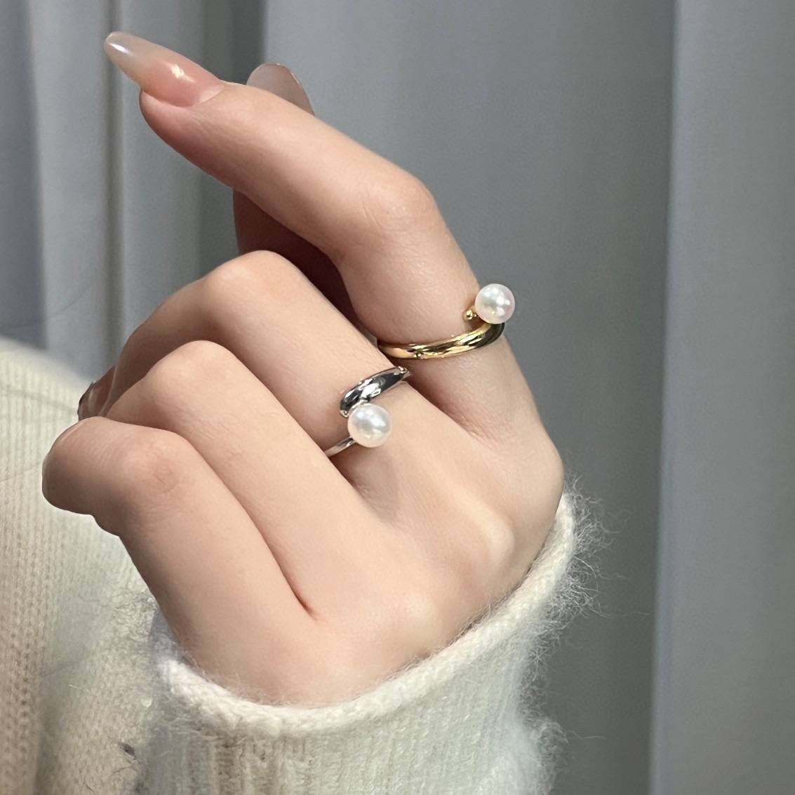 Minimalist water droplet cross ring 6-7mm natural high-quality freshwater pearl inlaid S925 pure white
