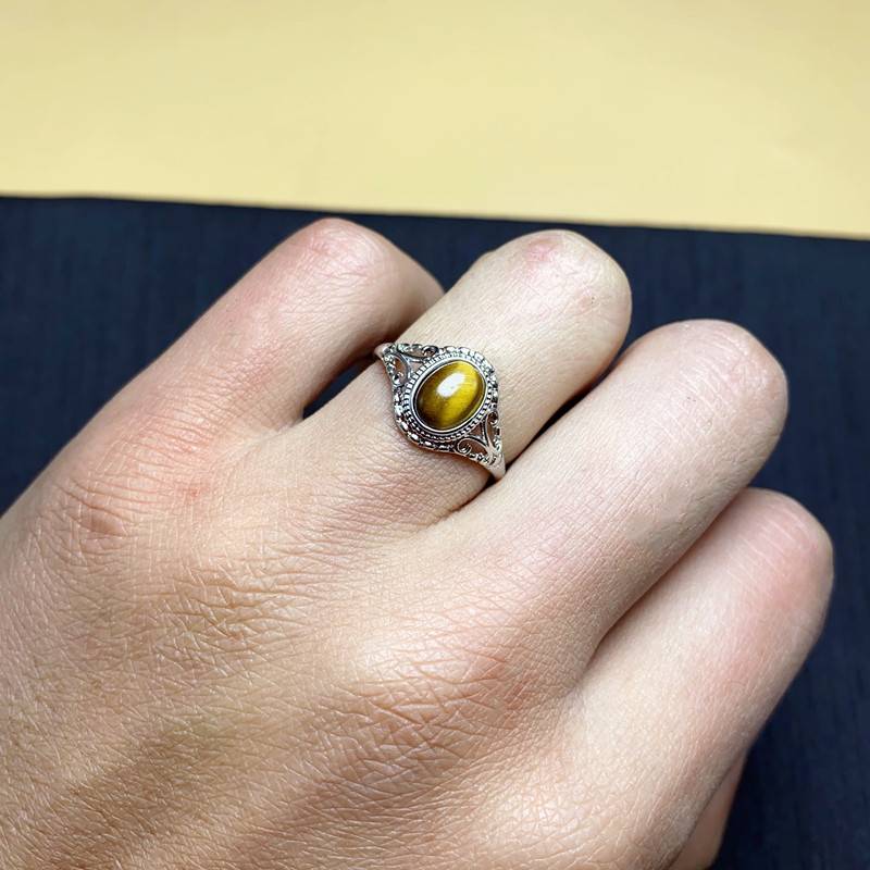 Natural yellow tiger eye stone ring women's white copper todstal mouth ring rings fashion couple crystal jewelry gift