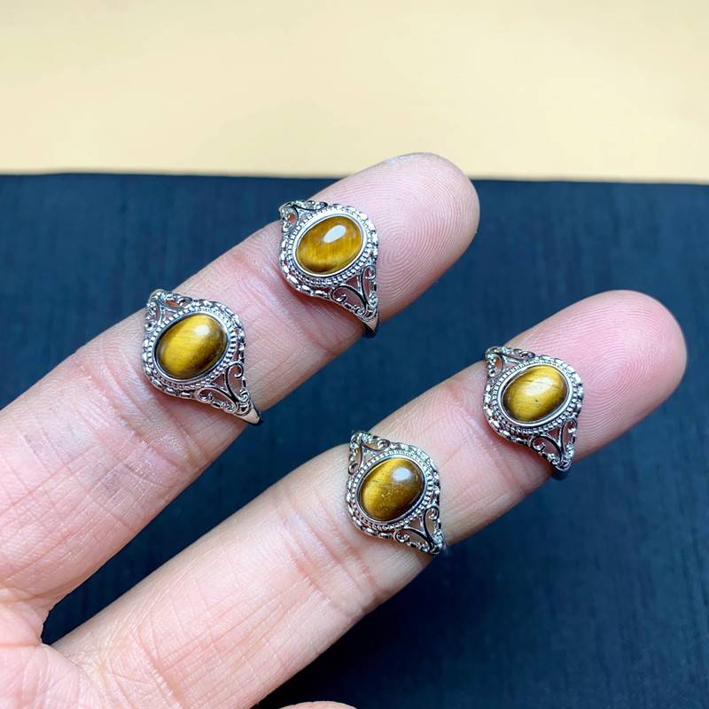 Natural yellow tiger eye stone ring women's white copper todstal mouth ring rings fashion couple crystal jewelry gift