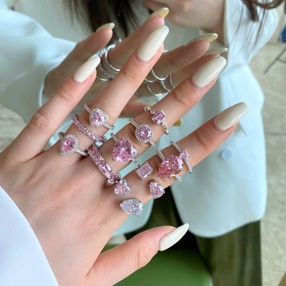S925 sterling silver rings Female light luxury water droplets fashion row drilling cute peach heart temperament square drill pink high -carbon diamond ring
