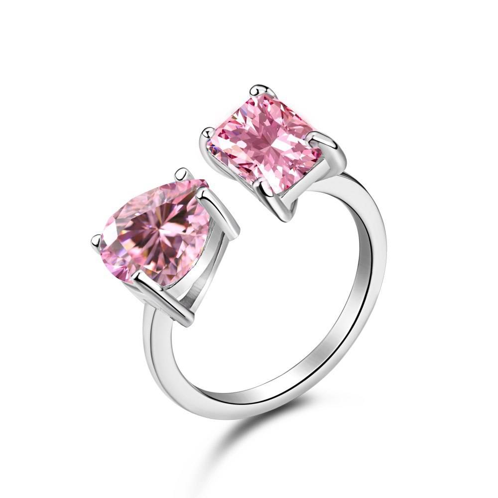 S925 sterling silver rings Female light luxury water droplets fashion row drilling cute peach heart temperament square drill pink high -carbon diamond ring