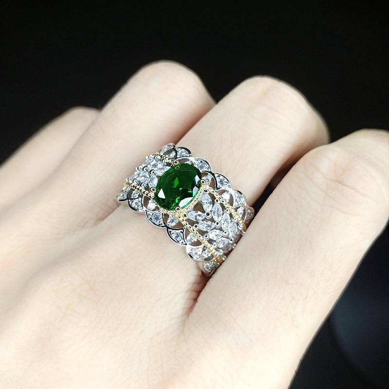 The new European and American style jewelry full diamond imitation color treasure ring, copper silver -plated opening ring counter, the same female ring