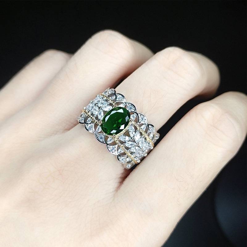 The new European and American style jewelry full diamond imitation color treasure ring, copper silver -plated opening ring counter, the same female ring