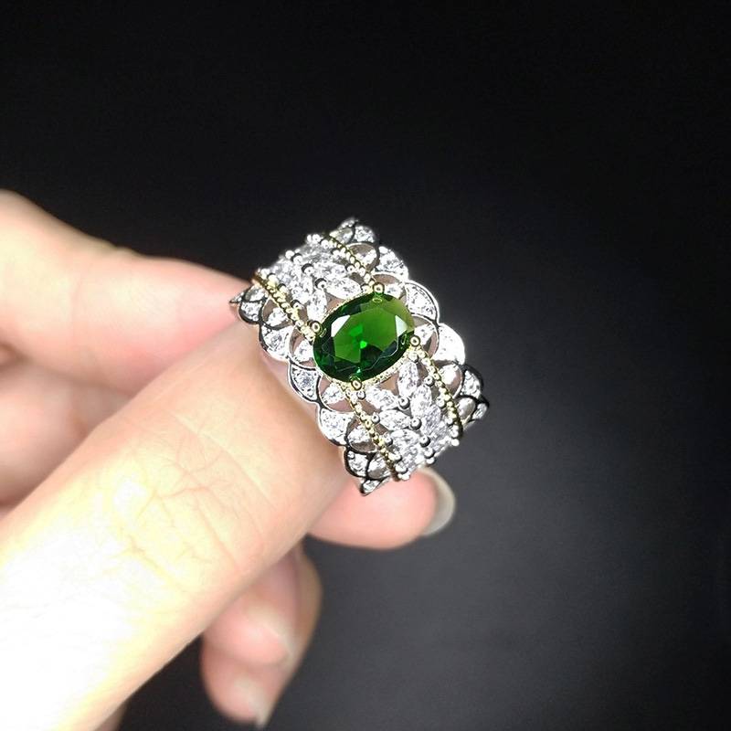 The new European and American style jewelry full diamond imitation color treasure ring, copper silver -plated opening ring counter, the same female ring