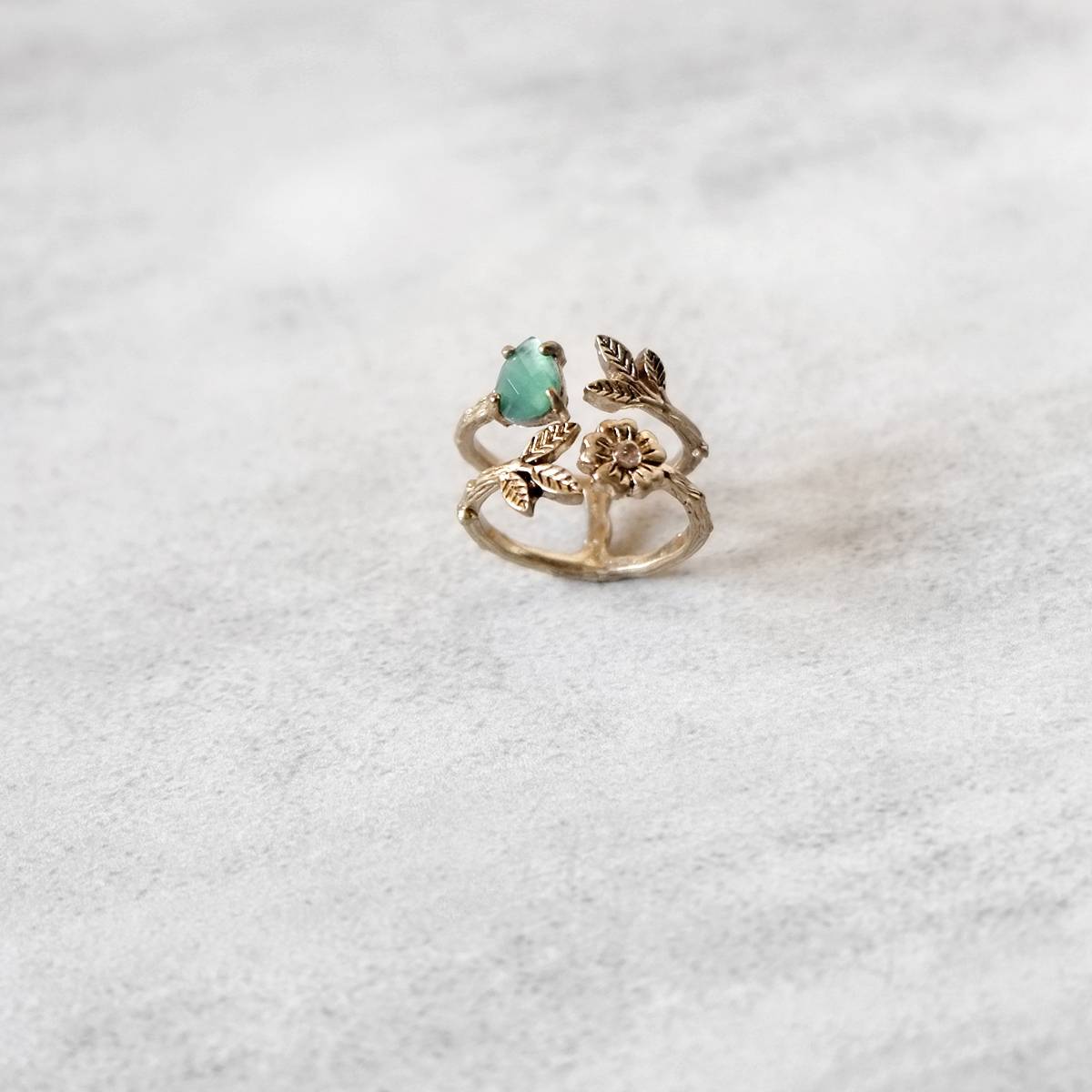 Retro vine rhinestone small flower inlaid green double -layer opening ring/jewelry