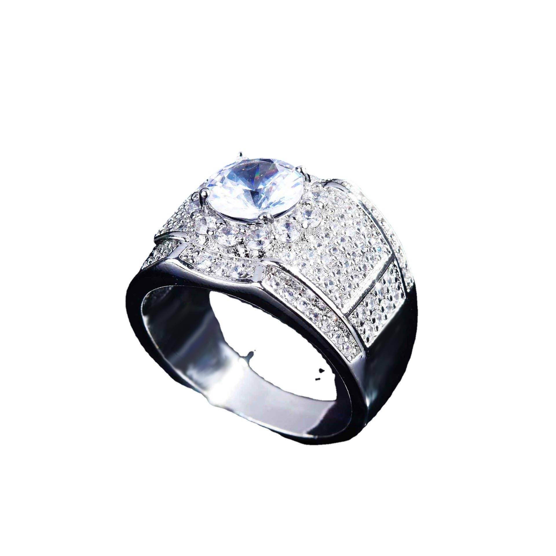 Quick -selling hot -selling cross -border supply luxury group inlaid with diamond men's ring luxury European and American silver rings
