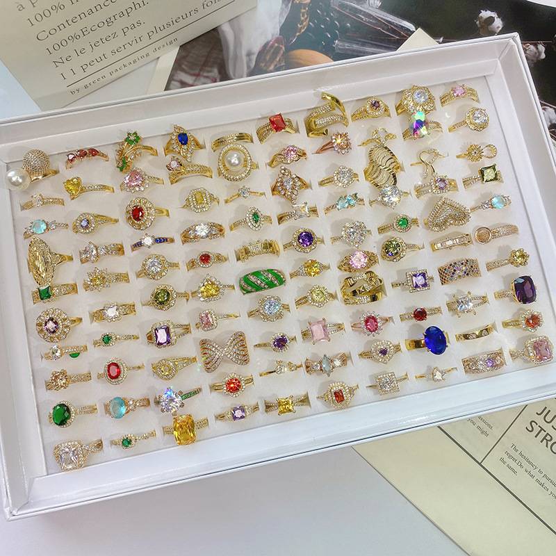 Korean version of light luxury niche micro -mosaic vermiculite geometric ring simple female design sensor finger rings Yiwu jewelry