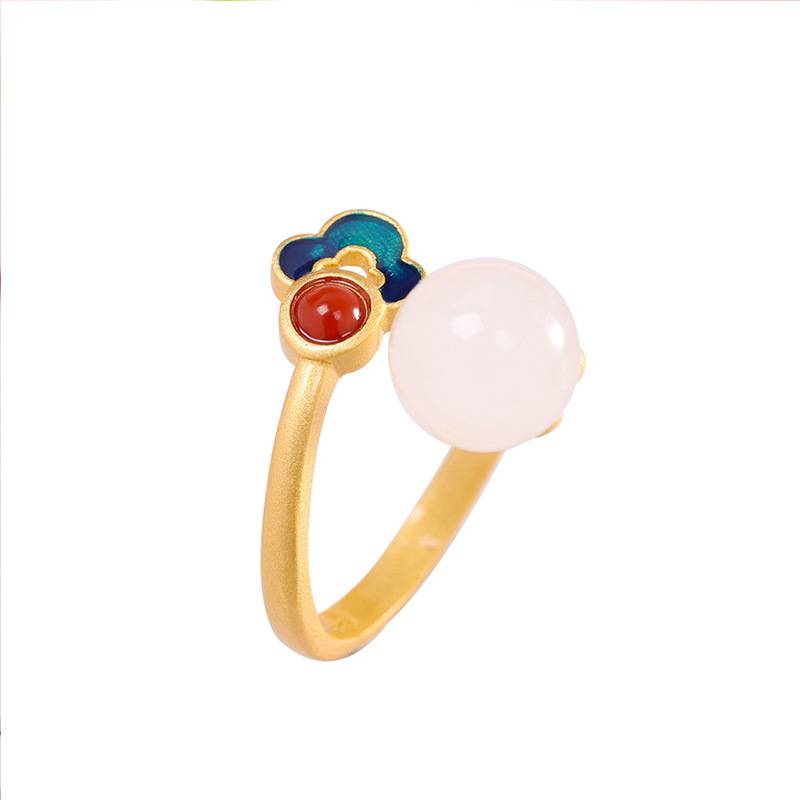 Xiangyun White Jade Ring Chinese style ancient method gilt enamel Mortilles and Tianyu pointed to the new Chinese Hanfu accessories