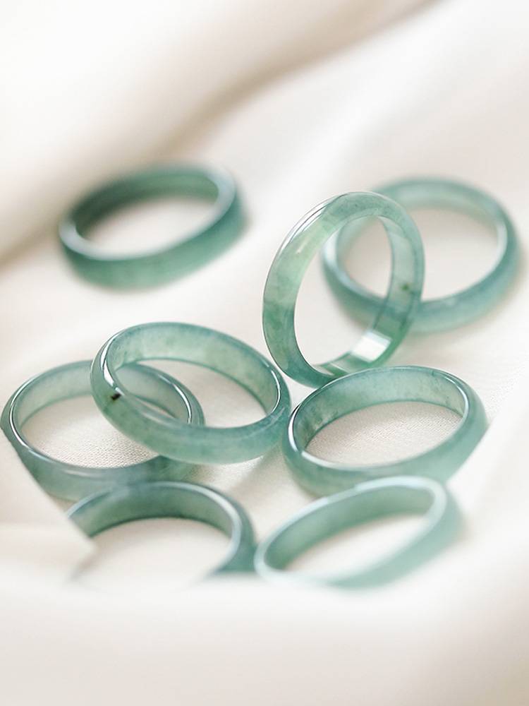 Natural A cargo old blue water jade jadeite noodle noodle rings female ring ring emerald ring running ring concentric ring ring ring