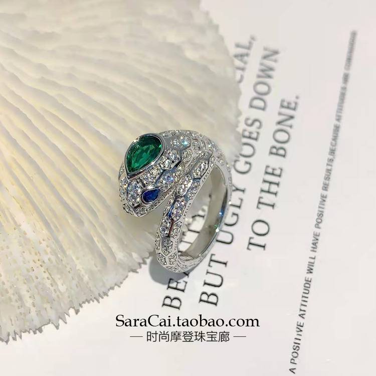 925 silver sterling silver European and American blue and green spirit snake full diamond -mosaic texture ringing ringwriter ring ring