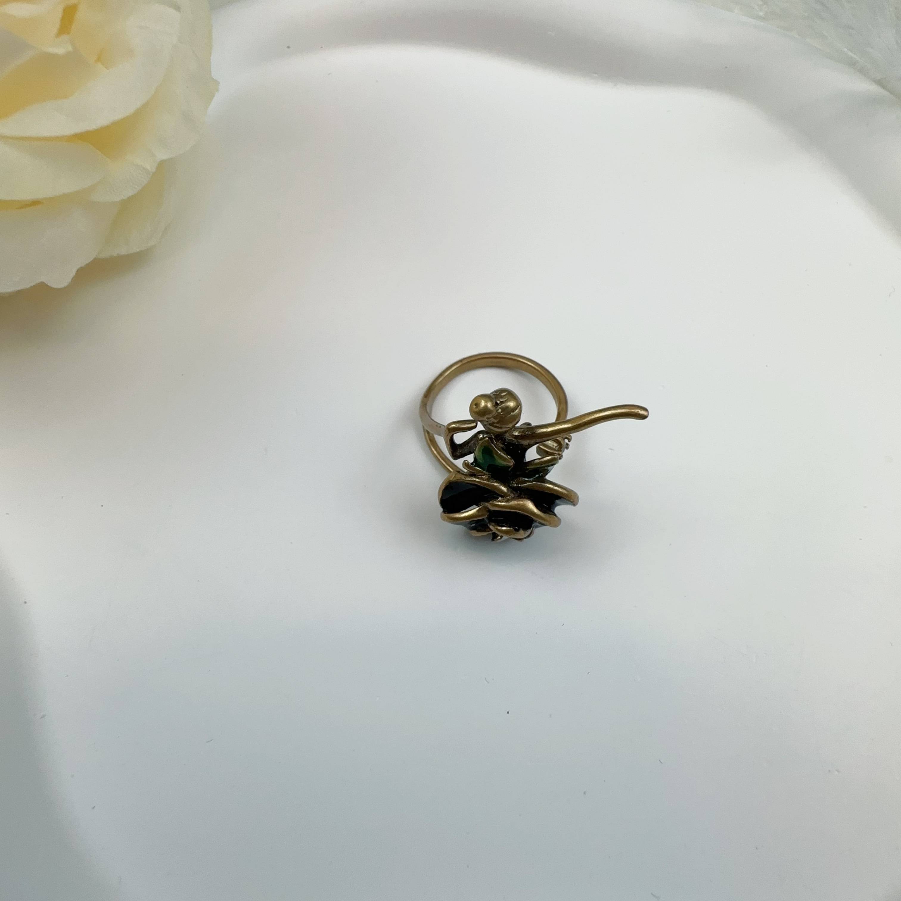 Middle enamel color mountain camellia fairy ring brass plating k golden niche design, retro, old versatile ring