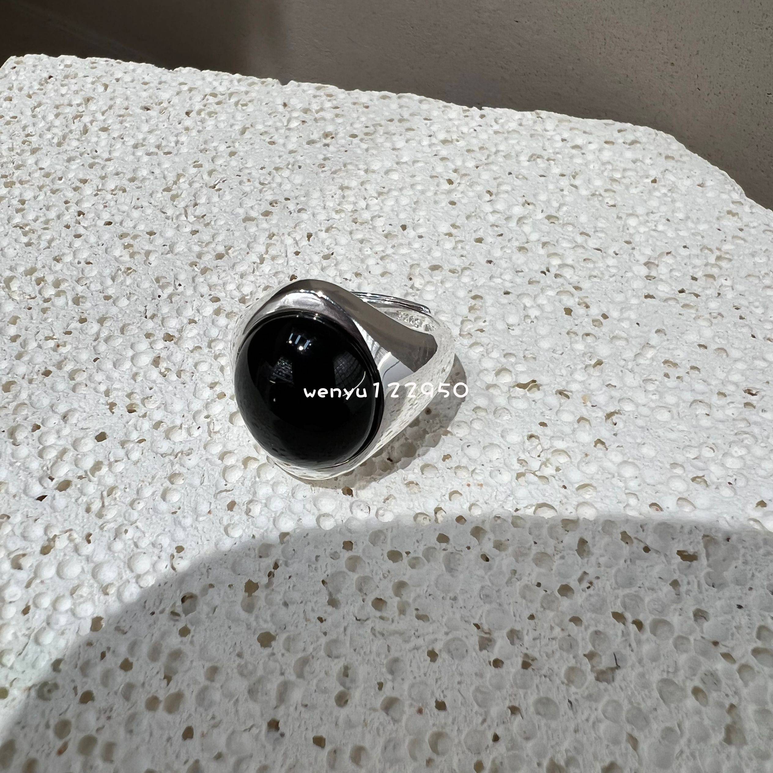 Japanese niche design sense retro 925 sterling silver black agate wild ring