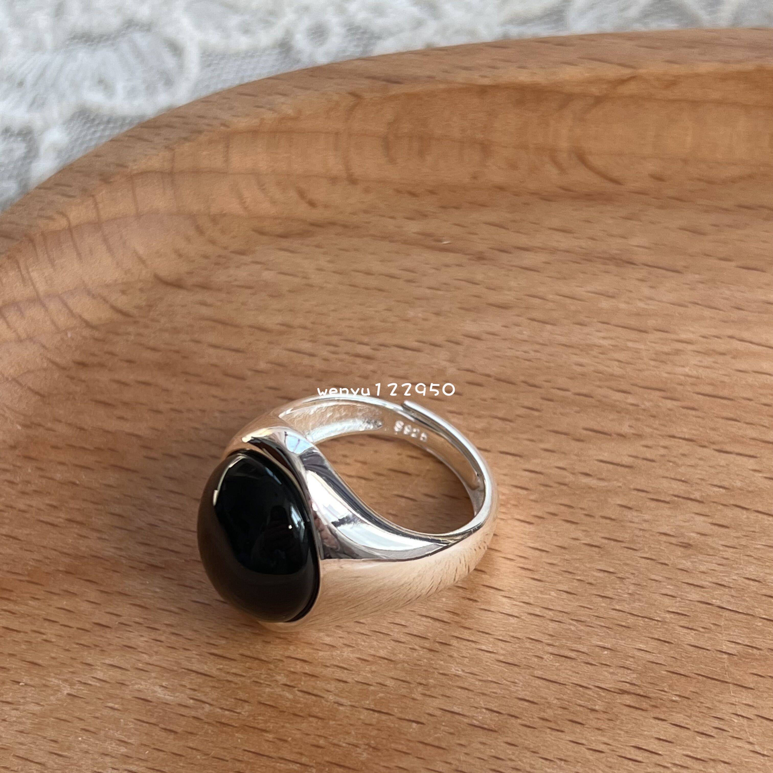 Japanese niche design sense retro 925 sterling silver black agate wild ring