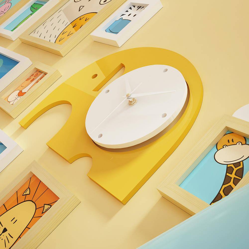 Solid Wood_6184_Cripping solid wood photo wall Children's photo frame decorative elephant decorative clock can be replaced by photos
