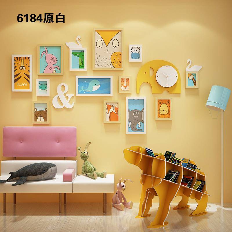 Solid Wood_6184_Cripping solid wood photo wall Children's photo frame decorative elephant decorative clock can be replaced by photos