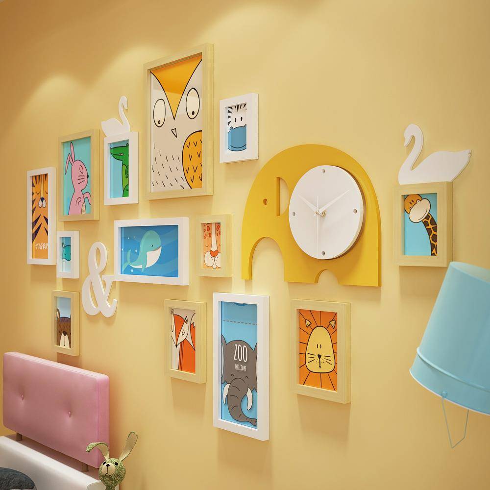 Solid Wood_6184_Cripping solid wood photo wall Children's photo frame decorative elephant decorative clock can be replaced by photos