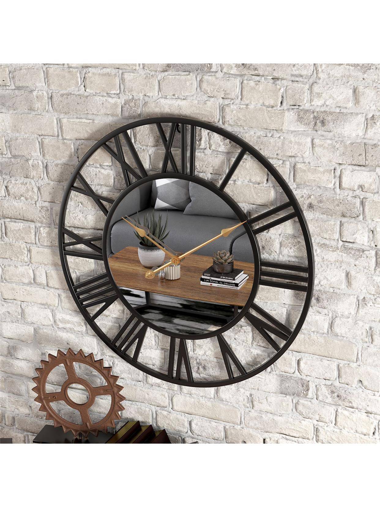 Round Iron Mirror Clock Baltic Iron Mid -style Hanging Clock living room wall clock