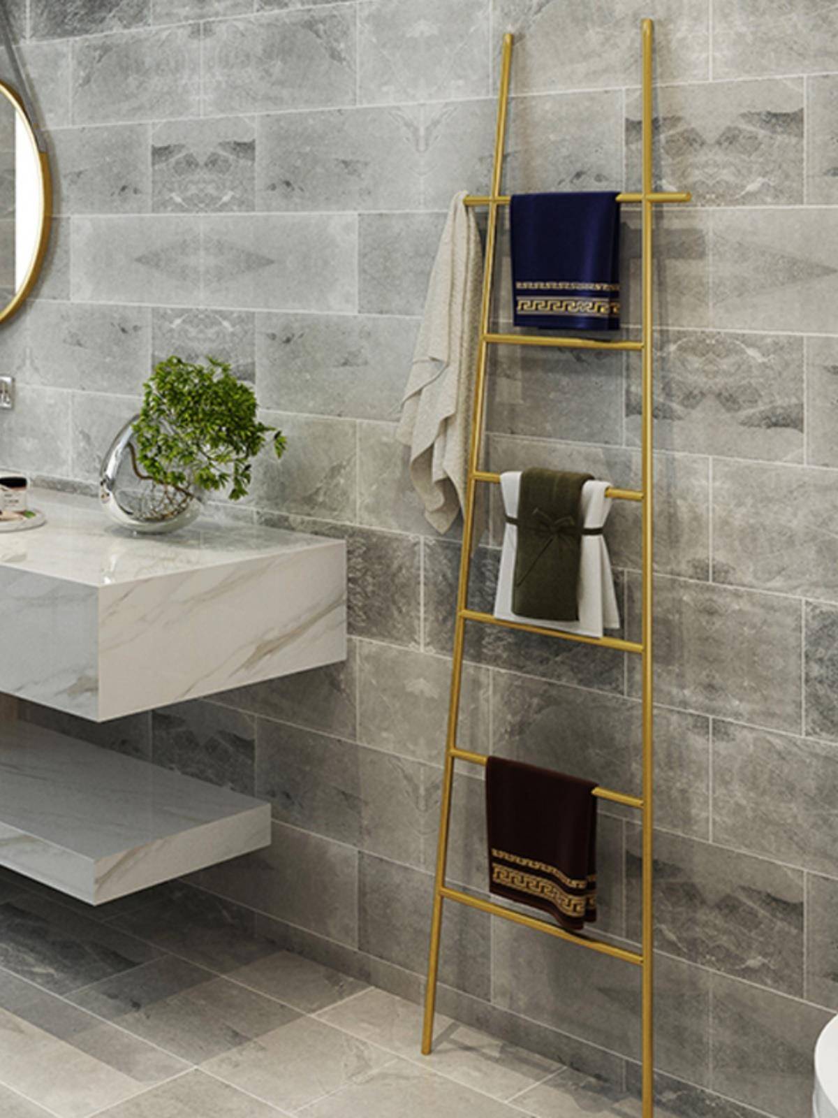 Nordic ladder towel rack landing -free punch -free bathroom shelf bathroom rack storage rack hanging hanger black
