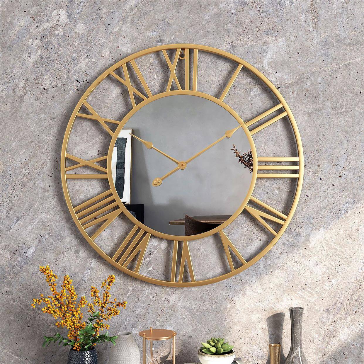 Round Iron Mirror Clock Baltic Iron Mid -style Hanging Clock living room wall clock